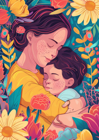 Illustration of a mother and child sleeping together surrounded by colorful flowers