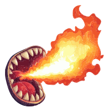 A cartoon dragon's mouth with sharp teeth blowing fire