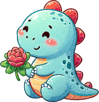 Cartoon dinosaur holding a red flower