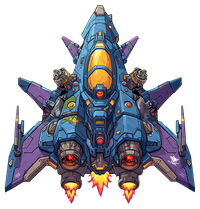 A cartoon-style illustration of a blue and purple spaceship with glowing engines and weaponry.