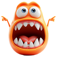 Surprised orange cartoon character with large eyes and sharp teeth