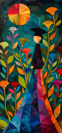 Graduate in black gown and cap standing among vibrant plants