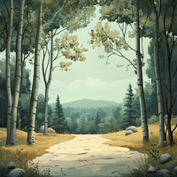 A peaceful forest landscape with a dirt path and trees