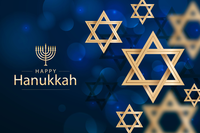 Hanukkah greeting with menorah and Stars of David on a blue background