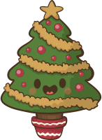 A cartoon Christmas tree with a smiling face and red ornaments