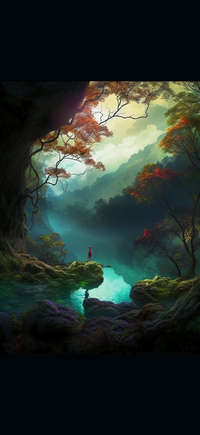 A fantasy art piece depicting a person standing on a rock in a mystical forest with a body of water.