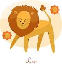 A cartoon lion with a golden mane and stylized sun elements around it.
