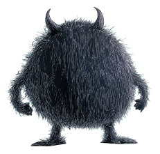 A dark, furry monster with two horns on its head.