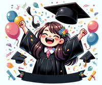 A cartoon girl in a black graduation gown and cap, surrounded by confetti and balloons, celebrating her graduation.