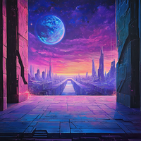 Futuristic cityscape with neon lights and a large moon in the sky