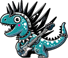 Cartoon dinosaur with a leather jacket playing an electric guitar