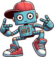 Cartoon robot with red cap and sneakers making a gesture