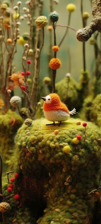 Small orange and white bird on a moss-covered rock in a fantastical forest