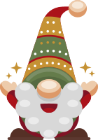A cheerful cartoon gnome with a striped hat and white beard