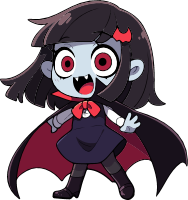 Cartoon vampire girl with dark hair and red eyes