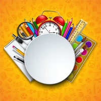 Assorted school supplies including pens, pencils, paint, and a clock on a notebook