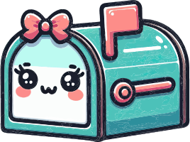 A teal mailbox with a smiling face and pink bow on a black background