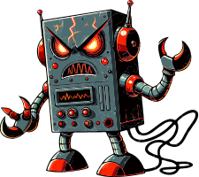 An illustrated robot with a menacing face and red glowing eyes