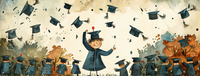 Illustration of students celebrating graduation by throwing caps