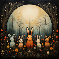 Illustration of five rabbits in different colors standing in front of a full moon with a forest background