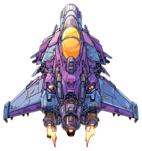 Illustration of a futuristic fighter jet with purple and blue hues and glowing engines