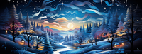 A winter forest landscape with snow-covered trees and a vibrant sunset.