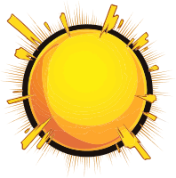 A stylized image of the sun with vibrant yellow and orange hues.