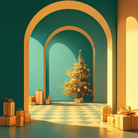 A gold Christmas tree with ornaments stands in a room with teal walls and gold arches, surrounded by gold-wrapped gifts on a checkered floor