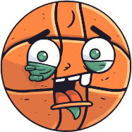 A cartoon basketball with a goofy expression