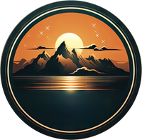 Mountain landscape icon with a sunset and body of water