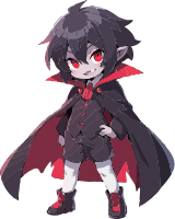 Cute chibi vampire character with red eyes and black cape
