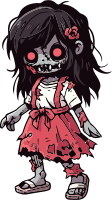 Cartoon zombie girl with red eyes and a white shirt under a red dress.