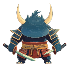 A cartoon frog in samurai armor holding two swords