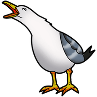 A cartoon seagull with white body, gray wings, orange beak, and yellow legs on a black background.