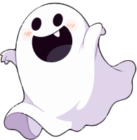 A smiling ghost with fangs and rosy cheeks