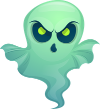 A green ghost with a menacing face and glowing yellow eyes.