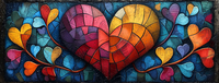 Stained glass heart surrounded by smaller hearts and leaves