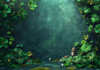A mystical forest with a pathway surrounded by dense foliage and a lantern.
