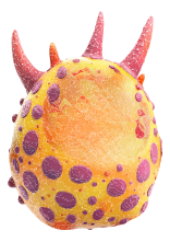A 3D creature with a yellow body, purple spots, and pink spikes.