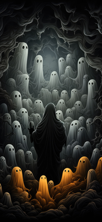 A hooded figure surrounded by numerous ghosts in a dark atmosphere