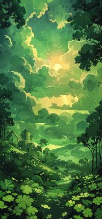 A serene landscape with a house on a hillside surrounded by trees and greenery under a cloudy sky.