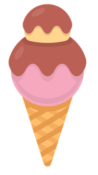 A cartoon-style triple scoop ice cream cone with pink, brown, and chocolate layers