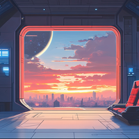 Futuristic space station interior with a large window view of a city skyline at sunset