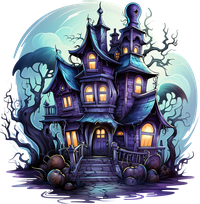 Illustration of a haunted mansion with lit windows and a full moon in the background.
