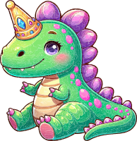 Cartoon green dinosaur with purple spikes and a golden crown