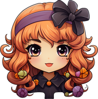 Illustration of a smiling chibi girl with orange curly hair and gems