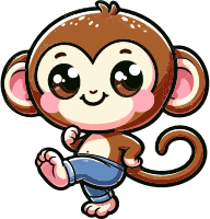 Cartoon monkey character with big eyes and blue pants