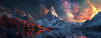 Snowy mountains and lake under a colorful starry sky