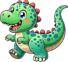 A cartoon dinosaur with green and blue body, red spikes, and a big smile