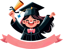 Cartoon girl in graduation cap and gown holding a diploma